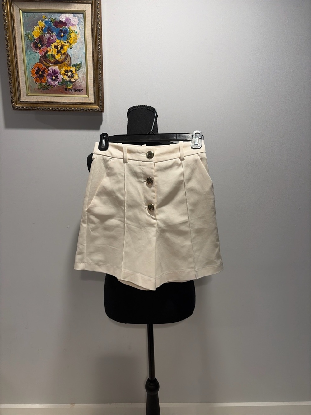 Zara White High Waisted Gold Button Pleats Shorts Capsule Preppy Sailor